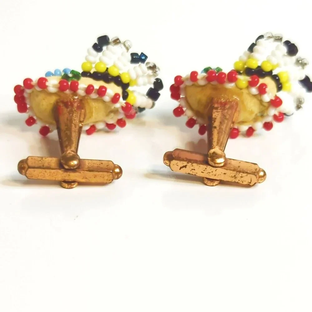 Vintage Handmade Beaded Seed Bead Cufflinks Southwestern Floral Copper